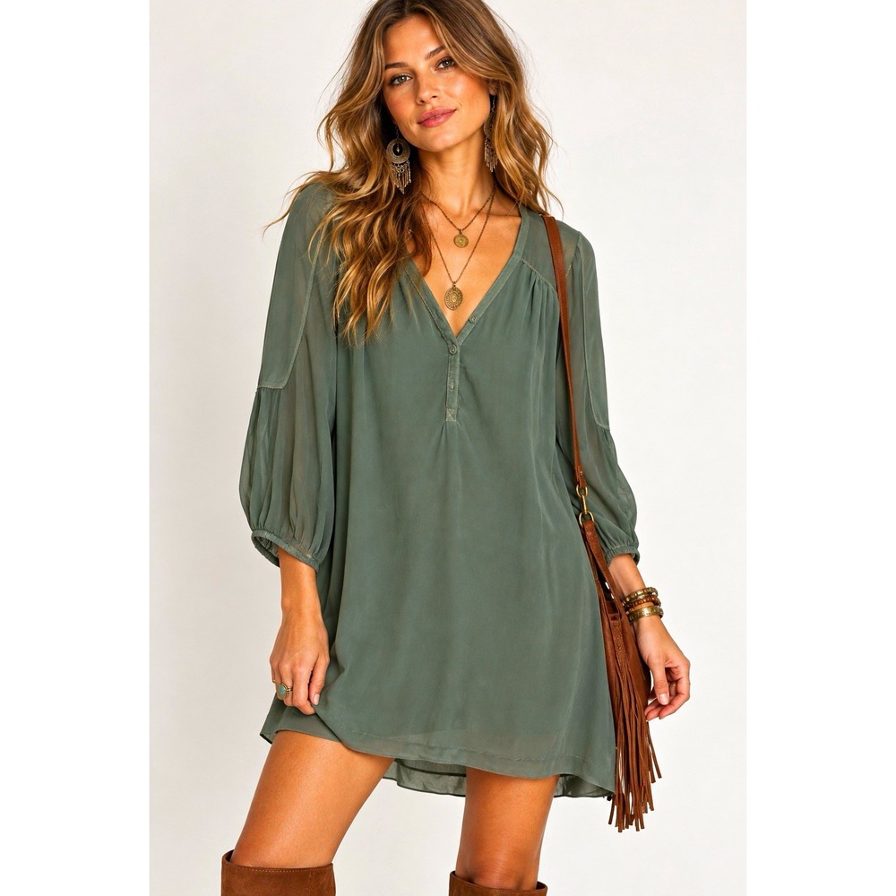 Gypsy 05 Silk Chiffon Mini Dress Sz M Sage Green Sheer Sleeve Boho 2010s USA